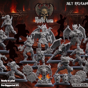 May include: A selection of grey, ready-to-print STL miniatures, depicting fantasy figures with armour, wings, and weapons. The image includes the text "JULY RELEASE 2024" and "Khoan team". The website address www.UGNI.games is also visible.