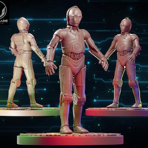 May include: Three metallic gold-colored robot figures, each standing on a circular base. The central figure is the largest, with the other two flanking it. The robots have detailed mechanical designs, with visible joints and panels. The Wardlade Studio logo is in the upper left corner.