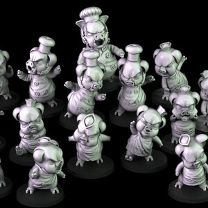 May include: A collection of miniature figurines depicting angry-faced pigs in chef attire. The figurines are gray and stand on small, round black bases. The pigs wear chef hats and aprons, with various poses.