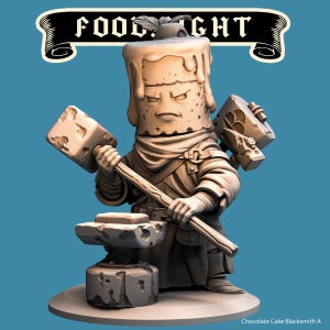 May include: A detailed figurine of a chocolate cake blacksmith, holding a hammer and standing near an anvil. The figure has a candle-like head with a stern expression. The image includes the text "FOOL LIGHT" in a banner.
