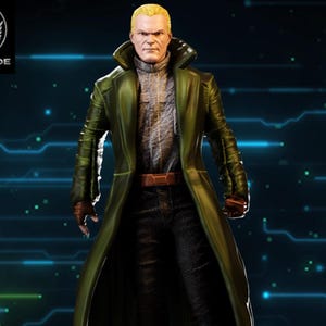 May include: A detailed action figure of a man with short blonde hair, wearing a long green coat, a brown belt, and dark pants. The figure has a stern expression and is set against a blue background with a digital design. The Wardlade Studio logo is in the upper left.