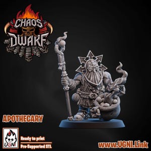 May include: A gray apothecary dwarf figurine holding a staff with a glowing orb and a bag of round objects. The figurine has a long beard and a helmet with a star-shaped design. The text "CHAOS DWARF" and "APOTHECARY" are visible.
