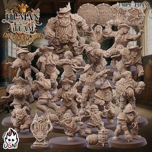 May include: A collection of detailed miniature figurines, depicting a team of 'The Conquistadors'. The figures are in various action poses, with hats, armor, and weapons. The color is a neutral beige. The logo 'Human Team' is visible.