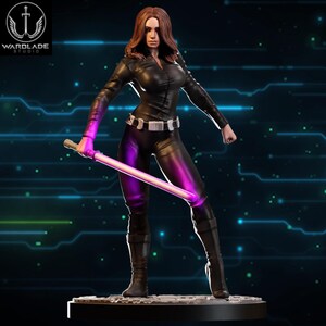 May include: A black figure of a woman in a black jumpsuit and boots, holding a purple lightsaber. The figure has long auburn hair and a silver belt. The base is black, and the background is a dark blue with a circuit board design. The Wardlade Studio logo is in the upper left corner.