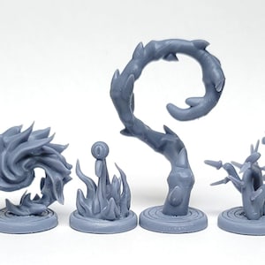 May include: Four grey fantasy miniatures on circular bases. The set includes a swirling cloud, a flame with an orb, a curved vine, and a spiky tree. These detailed models are likely for tabletop gaming.