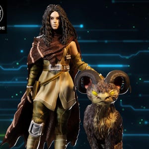 May include: A detailed figurine of a woman in a fantasy outfit, with a brown cloak and a beige tunic. She stands next to a creature with large horns and yellow eyes. The Wardlade Studio logo is in the upper left corner.