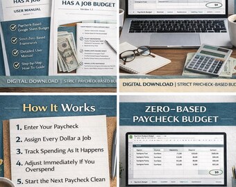 May include: A digital finance bundle titled "Every Dollar Has a Job Budget." The image shows a laptop, documents, and a calculator. The bundle includes a user manual, a Google Sheet budget, and a step-by-step guide. The text "As Easy as 1-2-3" is also visible.