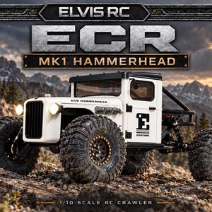 May include: A white 1/10 scale RC crawler truck labeled ECR MK1 HAMMERHEAD with large black off-road tires, a black roll cage, and front headlights. The vehicle features the text ELVIS RC and ECR MK1 HAMMERHEAD on the body.
