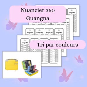 Puede incluir: Una imagen con muestras de color y una maleta amarilla. El texto "Nuancier 360 Guangna" y "Tri par couleurs" es visible. La maleta está abierta, revelando una variedad de marcadores de colores.