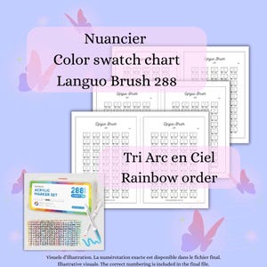 May include: A collection of color swatch charts and acrylic marker set. The charts display color samples in a rainbow order, with the text "Nuancier", "Color swatch chart", "Languo Brush 288", and "Tri Arc en Ciel" visible. The marker set includes 288 soft tip markers.