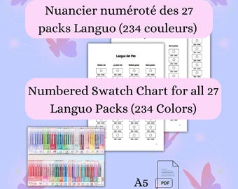 Cartas de colores en blanco para bolígrafos de gel Languo – 27 paquetes / 234 colores – PDF imprimible A5 – Cartas de colores en blanco – Tarjetas de muestra para bolígrafos de gel