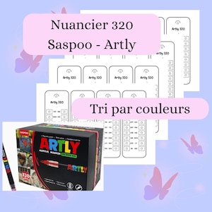 Peut inclure: Une boîte noire de marqueurs acryliques Artly avec le texte "Nuancier 320 Saspoo - Artly" et "Tri par couleurs". Plusieurs nuanciers blancs avec le texte "Artly 320" sont également visibles. Un seul marqueur est également visible.