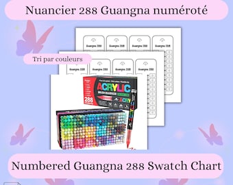 Carta de colores Guangna 288 – Muestras numeradas – Carta de colores de fieltro Guangna – 288 colores – PDF A4 imprimible