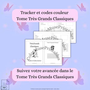 Peut inclure: Plusieurs trackers blancs imprimés avec les textes "Tracker et codes couleur Tome Très Grands Classiques" et "Suivez votre avancée dans le Tome Très Grands Classiques", sur fond violet clair avec des papillons.