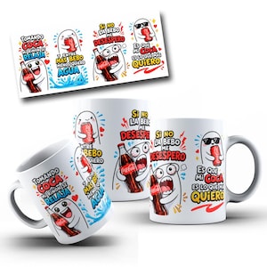 May include: Two white ceramic mugs featuring colorful cartoon graphics of white characters holding Coca-Cola bottles. The designs include Spanish text such as "Tomando Coca mi riñón se relaja," "Si no la bebo me desespero," and "Es que mi Coca es lo que más quiero" with red, blue, and yellow accents.