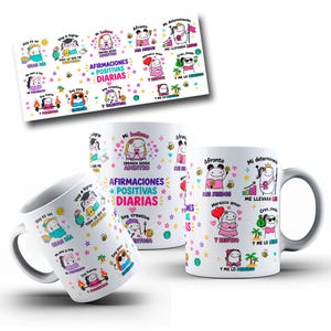May include: Two white ceramic mugs and a rectangular sticker sheet featuring colorful cartoon character illustrations and Spanish text including AFIRMACIONES POSITIVAS DIARIAS, Hoy es un gran día, Soy fuerte y poderosa, and Soy creativa.