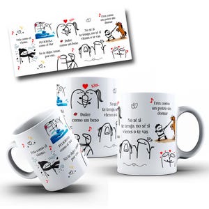 May include: Two white ceramic mugs featuring black line art illustrations of stick figures and Spanish text including phrases like Fria como el viento, Peligrosa como el Mar, Dulce como un beso, and Eres como un potro sin domar.
