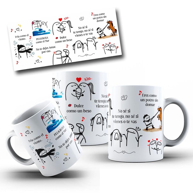 May include: Two white ceramic mugs featuring black line art illustrations of stick figures and Spanish text including phrases like Fria como el viento, Peligrosa como el Mar, Dulce como un beso, and Eres como un potro sin domar.