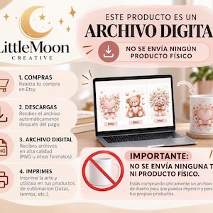 May include: A digital download instruction graphic for LittleMoon Creative featuring a laptop displaying three pink heart and teddy bear designs, alongside a mug mockup, with text explaining the purchase, download, and printing process.
