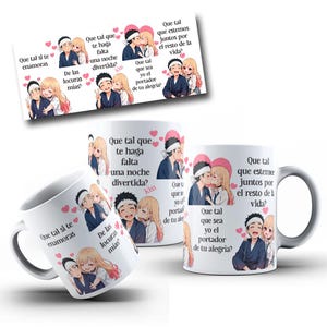 Puede incluir: Una taza de cerámica blanca con ilustraciones estilo anime de una pareja en varias poses románticas, acompañadas de corazones rosas y texto en español como Que tal si te enamoras y Que tal que estemos juntos por el resto de la vida.