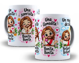 May include: A white ceramic mug featuring cartoon illustrations of Jesus with various Spanish phrases including Un cafecito, Una sonrisita, Una llamadita, and Un rayito de sol, decorated with colorful hearts, flowers, and clouds.