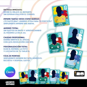 May include: A collection of soccer trading cards featuring player silhouettes and team colors. The cards are set against a light blue background with text in Spanish, including "Canva" and "Archivo Editable."