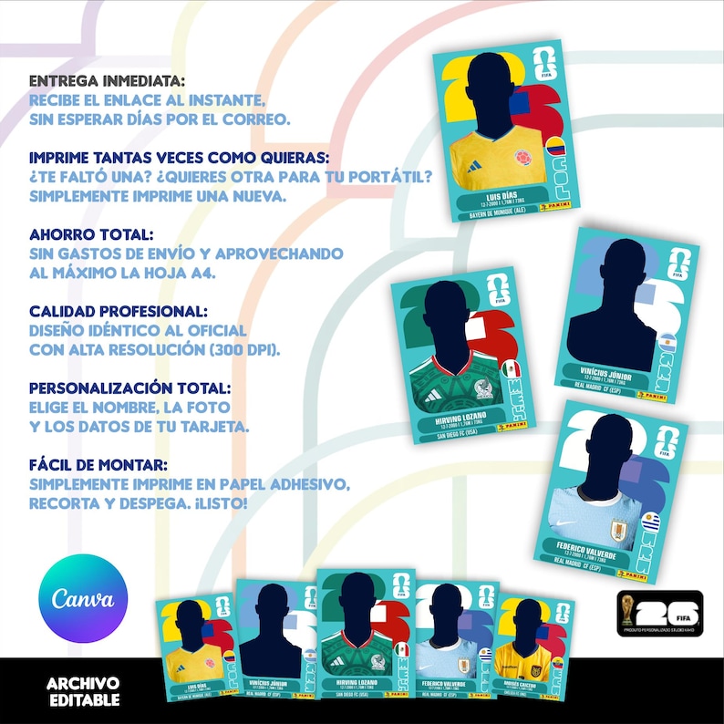 May include: A collection of soccer trading cards featuring player silhouettes and team colors. The cards are set against a light blue background with text in Spanish, including "Canva" and "Archivo Editable."