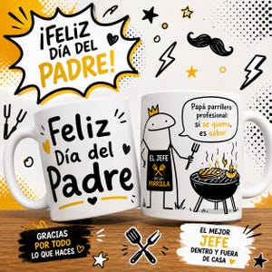 Pode incluir: Duas canecas de cerâmica branca com designs gráficos em preto e amarelo. Uma caneca exibe o texto Feliz Día del Padre com corações. A outra caneca mostra um personagem de desenho animado usando um avental escrito El Jefe de la Parrilla ao lado de uma churrasqueira.