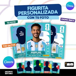 May include: Customizable trading card design featuring a soccer player in an Argentina jersey. The card includes the text "FIGURITA PERSONALIZADA CON TU FOTO" and "TU FOTO AQUI". The card also includes the text "NOMBRE AQUI" and "TUS DATOS".