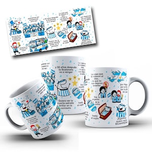 May include: Two white ceramic mugs and a flat print featuring cartoon illustrations of soccer fans in Argentina jerseys. The graphics include text in Spanish, blue and white flag motifs, gold stars, and various celebratory scenes related to the national team.