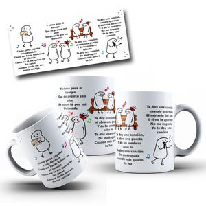 May include: Three white ceramic mugs featuring cartoon stick figures and Spanish song lyrics. The designs include characters sitting on a bench, singing into a microphone, and holding papers, accompanied by musical notes and red heart icons.