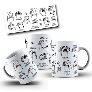May include: Two white ceramic mugs and a rectangular print featuring black line art of a cartoon character with a pink bow. The illustrations include text labels such as Y TE AMO, PARANOICA, NERVOSA, MEDIA LOCA, PELEONA, VANIDOSA, TERCA, SARCÁSTICA, BUT YOU'RE MY CRAZY BITCH, POSESVA Y CELOSA, and LOKITA TE QUIERO.