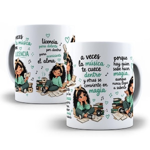 May include: A white ceramic mug featuring a repeating illustration of a person with dark curly hair wearing headphones, surrounded by stacks of books, musical notes, hearts, and Spanish text including phrases like a veces la música te cuece dentro.
