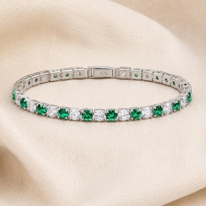925 Sterling Silver Tennis Bracelet, Emerald Green Zircon Jewelry Gift for Her