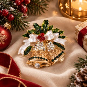 Può includere: Una spilla in metallo dorato a forma di due campane, decorata con strass trasparenti, foglie di agrifoglio in smalto verde, un nastro in smalto bianco e tre piccoli cristalli rossi. Le campane presentano un design in filigrana con pietre verdi.