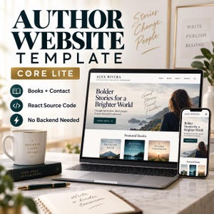May include: An author website template titled Core Lite displayed on a laptop and smartphone screen. The website features the text Alex Rivera, Bolder Stories for a Brighter World, and Featured Books. A white mug, a black book, a pen, and a notebook are present.