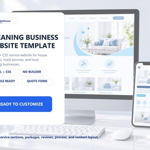 May include: A digital cleaning business website template displayed on a computer monitor and smartphone screen. The interface features the text BrightHome, CLEANING BUSINESS WEBSITE TEMPLATE, HTML + CSS, NO BUILDER, MOBILE READY, and READY TO CUSTOMISE.