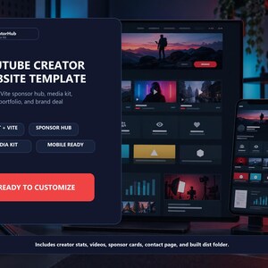 May include: A dark-themed YouTube creator website template displayed on a computer monitor and a smartphone. The interface features React and Vite branding, a sponsor hub, media kit, and creator portfolio sections with a red Ready to Customize button.