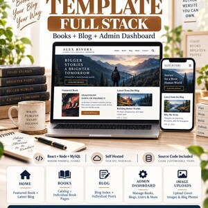 May include: An author website template full stack featuring a laptop and smartphone displaying a website for Alex Rivers. The design includes sections for books, a blog, and an admin dashboard, with text overlays detailing features like React, Node, and MySQL.