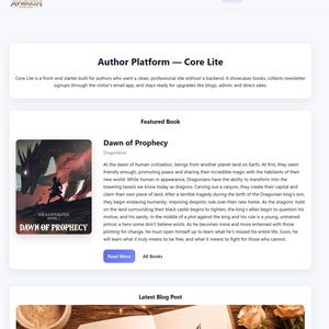May include: A website interface with the "Avwakin Digital" logo, navigation links, and content sections. The main content highlights an "Author Platform - Core Lite" and a featured book titled "Dawn of Prophecy" by Dragonkind, with a book cover image.