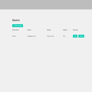 Puede incluir: Interfaz de p&aacute;gina web con fondo gris claro. La p&aacute;gina muestra una secci&oacute;n de gesti&oacute;n de usuarios titulada "Users". Incluye campos para nombre de usuario, correo electr&oacute;nico, nombre, estado de administrador y acciones. Los botones son de color turquesa.