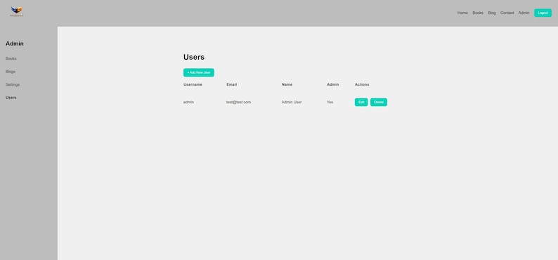 Puede incluir: Interfaz de p&aacute;gina web con fondo gris claro. La p&aacute;gina muestra una secci&oacute;n de gesti&oacute;n de usuarios titulada "Users". Incluye campos para nombre de usuario, correo electr&oacute;nico, nombre, estado de administrador y acciones. Los botones son de color turquesa.
