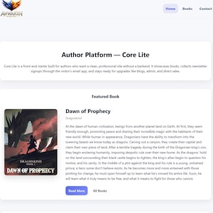Op de afbeelding: Website-interface met een witte achtergrond. Het bovenste gedeelte toont een logo en navigatielinks. De hoofdinhoud bevat een sectie getiteld "Author Platform - Core Lite" en een boekomslag voor "Dawn of Prophecy".