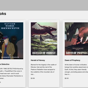 Puede incluir: Una p&aacute;gina web que muestra tres portadas de libros. El primer libro es "Time Detective" con un hombre y una figura de sombra. El segundo libro es "Herald of Heresy" con un drag&oacute;n. El tercero es "Dawn of Prophecy" con un drag&oacute;n y una persona.
