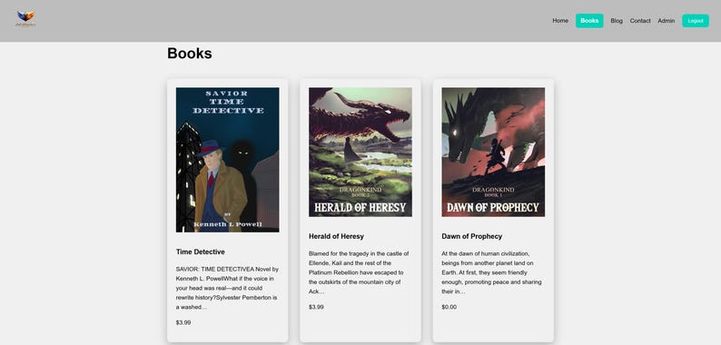 Puede incluir: Una p&aacute;gina web que muestra tres portadas de libros. El primer libro es "Time Detective" con un hombre y una figura de sombra. El segundo libro es "Herald of Heresy" con un drag&oacute;n. El tercero es "Dawn of Prophecy" con un drag&oacute;n y una persona.