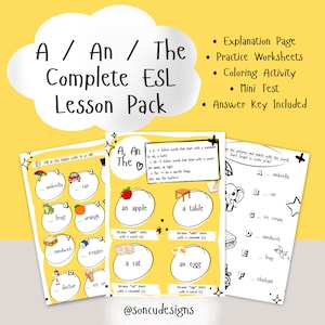 Pode incluir: Um pacote completo de lições de inglês como segunda língua (ESL) com folhas de trabalho, uma atividade de colorir e um mini-teste. O pacote inclui uma página de explicação e uma chave de respostas. As folhas de trabalho apresentam ilustrações.