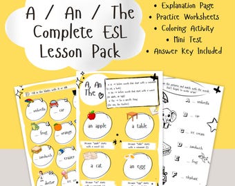 A An The Worksheets ESL | English Articles Lesson Pack | Printable PDF for Beginners