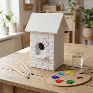 May include: A white, brick-patterned birdhouse with a small arched opening and a sloped roof. A wooden artist's palette with dabs of blue, yellow, red, and green paint sits next to the birdhouse. Three paintbrushes and a small jar are also on the wooden table.