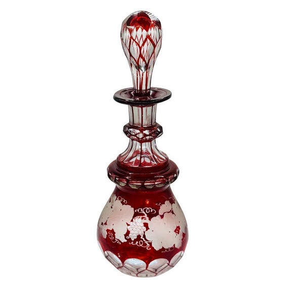 Bohemian Ruby Red Etched Glass Perfume Bottle