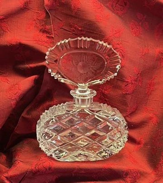 Czech Intricately Cut and Faceted Clear Glass Perfume Bottle